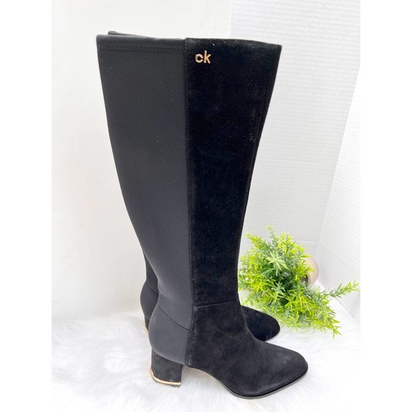 NIB Calvin Klein Womens Freeda Tall Suede Neoprene stretch Boots, BLACK … - Picture 3 of 16